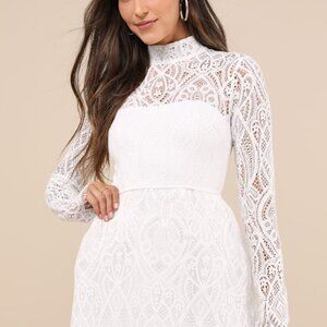 Lulus Gorgeous Attraction White Lace Structured Long Sleeve Mini Dress - Size XL